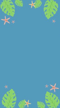 Mavi arkaplanda yaz simgeleri. Tropikal yapraklar, denizyıldızı ve kabarcıklar