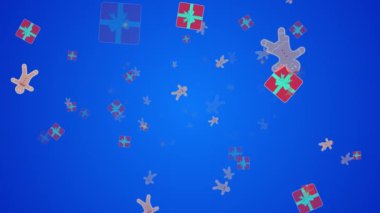 Animasyon Mutlu Noeller ve Yeni Yıl Arkaplan Tasarımı. Zencefilli kurabiye, ve hediye kutuları mavi arkaplanda doku 