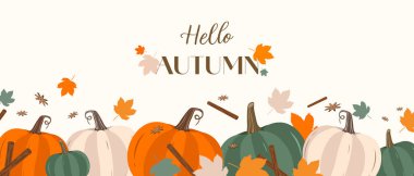 Vektör düzlüğü Merhaba Sonbahar Bayrak Tasarımı Düz Balkabağı Yaprakları Tarçın Tasarımı Tarçın Tasarımı Balkabağı desenli Yazılı Kabak İşaret Şablonu Cadılar Bayramı Tatili ve Balkabağı Tasarımı