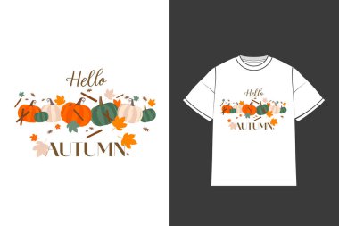 İzole edilmiş Vector Hello Autumn Kostüm Tasarımı, Balkabağı, yapraklar, tarçın ve sonbahar sezonu için vanilya çiçeği süslemeleri. Tişörtler, afişler ya da herhangi bir nesne üzerinde modaya uygun yazılabilir tasarım.