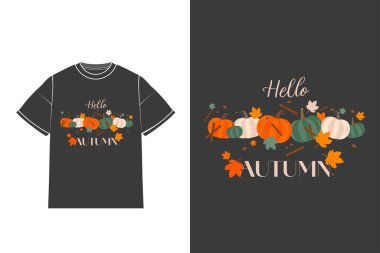 İzole edilmiş Vector Hello Autumn Kostüm Tasarımı, Balkabağı, yapraklar, tarçın ve sonbahar sezonu için vanilya çiçeği süslemeleri. Tişörtler, afişler ya da herhangi bir nesne üzerinde modaya uygun yazılabilir tasarım.