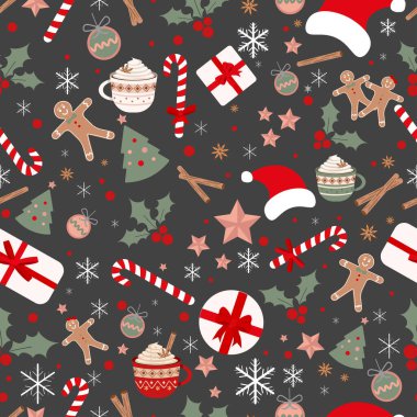 Noel 'de zencefilli çörek, baston şeker, yıldızlar, kar taneleri gibi pek çok element deseni