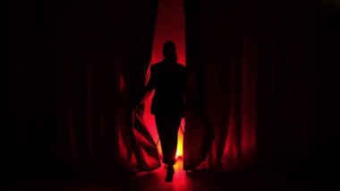 Zarif dansçı, sahnedeki aktris kırmızı bir arka planda sahneye çıkıyor ve daire ışığı ona odaklanıyor.