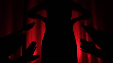 Tapma konsepti, putlaştırma, kalabalık tiyatroda mutlu ve neşeli. Kutlama, festival, mutluluk, bulanık gece kulübü. Etkinlik Konseri EDM sahnede. Kırmızı arka plandaki oyuncuya Siluet Alkışları.