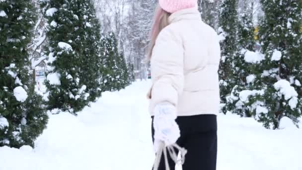 Anne Kız Kadın Kışın Ormanda Kızaklar Arka Planda Beyaz Kış — Stok video