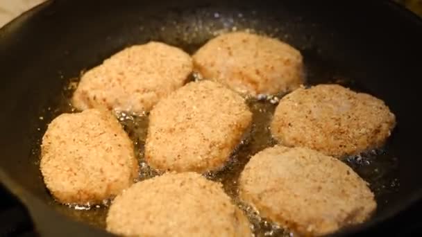 Fried Cutlets Frying Pan Sunflower Oil Rustic Menu Traditional Rustic — Videoclip de stoc