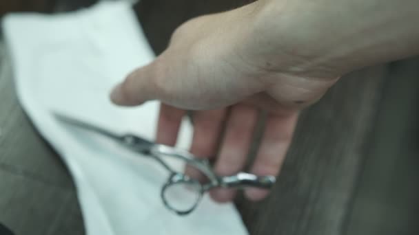 Hairdressers Workplace Close Shot Barbers Hand Take Scissors Close Shot — Stock Video