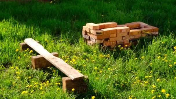 户外后院 有绿草和蒲公英围绕着用红砖和靠近它的旧蒲公英做的手工烤架 — 图库视频影像