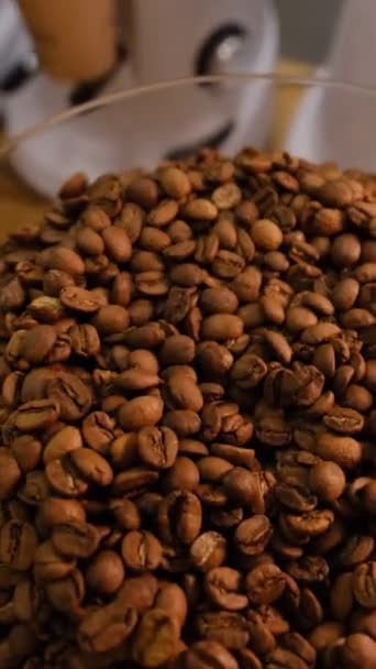 关闭咖啡店研磨机中的咖啡种子 美丽的大咖啡豆 从细节移动到中等镜头 — 图库视频影像