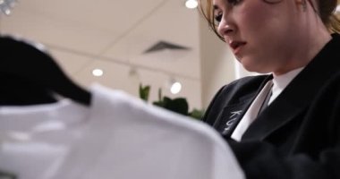 Genç bir kadın giyim mağazasındaki askılarda asılı tişörtlere göz atıyor. Bu modaya uygun kıyafet eklentileri için uygun olan çeşitli tarzları gösteren her ürünü inceliyor.