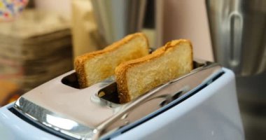 Mavi bir tost makinesinden çıkan kızarmış ekmek kıtır kıtır kıtır ve sıcacık görünüyor. Tost, kahvaltı ya da sabah yemeği için taze hazırlandı. Ev yapımı lezzetli kahvaltı yemekleri..