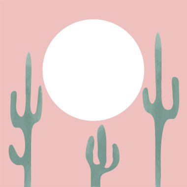 Kırmızı pastel arka planda yapılmış üç yeşil kaktüs ve beyaz güneşin çizimi. Vektör İllüstrasyonu.