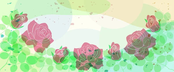 Kırmızı güllerin ve yeşil yaprakların Vektör Sanatı. Renkli ve şekilli pastel renkte elementler ve mürekkep arka plana sıçrar. Duvar kağıdı, poster, pankart, baskı, ağ ve ambalaj için illüstrasyon.