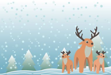 Noel arkaplanda çam ağaçları, üç ren geyiği ve düşen beyaz kar taneleri. vektör illüstrasyonu.