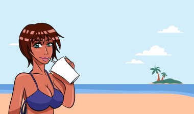 Sahilde şortlu, bikinili, elinde canlandırıcı bir içki tutan kızıl saçlı bir kadın. Plajlı bir arka plan, açık gökyüzü ve açık denizlerde bir ada. Tropik yaz. Vektör tasarımı.