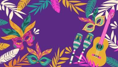 Maskeli, marakalı, gitarlı, tüylü ve mor arka planda tropik yapraklı Mardi Gras. Bayram kutlaması, maskeli balo ya da karnaval partisi davetiyesi. Düz vektör illüstrasyonu.