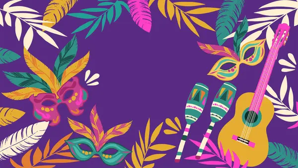 Maskeli, marakalı, gitarlı, tüylü ve mor arka planda tropik yapraklı Mardi Gras. Bayram kutlaması, maskeli balo ya da karnaval partisi davetiyesi. Düz vektör illüstrasyonu.