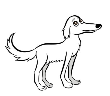 Borzoi beyaz köpek mim. Ağzı oldukça uzun olan köpeğin çizgi film çizimi. Ayakta ve mutlu. Beyaz arkaplanda izole edilmiş vektör.