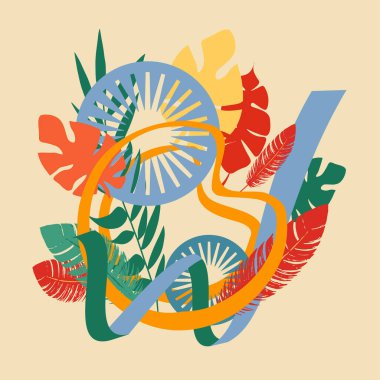 Canavar yaprakları, tüyleri, tekerlekleri ve yaylardan oluşan renkli soyut sanat eserleri. Soyut şekilli kompozisyon ve Adem 'in kaburga yaprakları. Vektör illüstrasyonu.