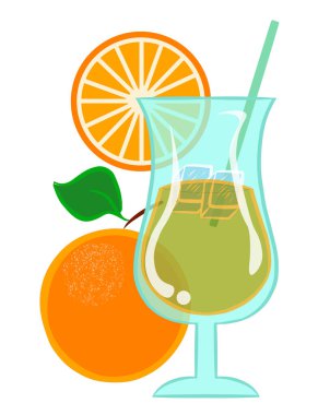 Portakal suyundan yapılmış bir içecek. Arkasında bir dilim portakal ve meyve olan bir bardak. Vektör illüstrasyonu beyaz arkaplanda izole edildi.