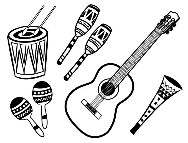 Latin karnaval enstrümanları seti. Çubuklu bir davul, iki çift marakas, bir gitar ve bir korna. Siyah çizgiler. Vektör illüstrasyonu beyaz arkaplanda izole edildi.