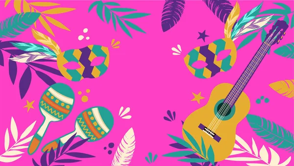 Maskeli Mardi Gras, marakas, gitar, tüyler ve pembe arka planda tropikal yapraklar. Bayram kutlaması için pankart, maskeli balo ya da karnaval partisi davetiyesi. Düz vektör illüstrasyonu