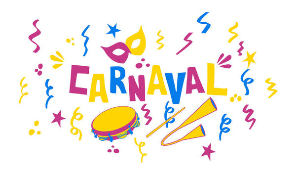 Карнавал в маске, агога? и бубен. Знамя праздника и приглашение на бразильскую карнавальную вечеринку. Векторная иллюстрация на белом фоне.