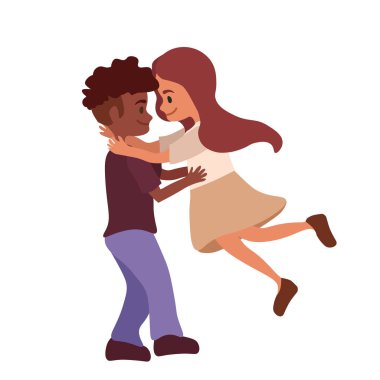 Farklı ırktan bir çift ve tanışmaktan zevk alıyorlar. Romantik ilişkisi olan ırklar arası bir erkek ve kadın. Düz karakterler. Vektör İllüstrasyonu beyaz arkaplanda izole edildi.