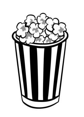 Siyah beyaz patlamış mısır kabı çizimi. Beyaz arkaplanda izole edilmiş vektör.