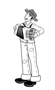 Brezilya Festa Junina 'da oynayan akordiyoncu. Siyah ve Beyaz. Vektör illüstrasyonu beyaz arkaplanda izole edildi.