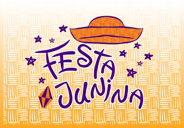 Festa Junina 'ya mektup. Festa Junina 'ya Brezilya Portekizcesi yazıp mesaj at. Aziz John şapkası ve balonu. vektör illüstrasyonu.