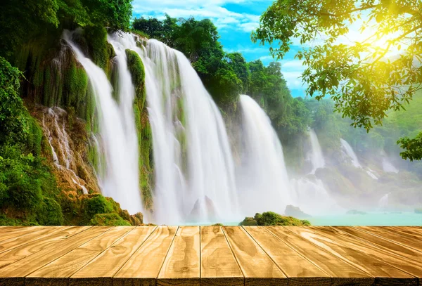 stock image Empty wooden table on a natural background