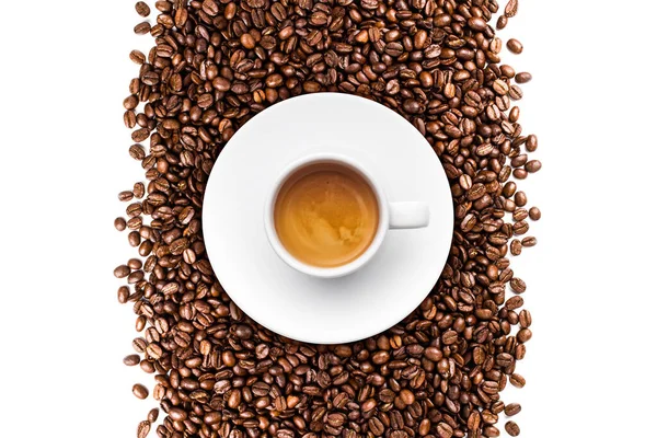 Káva Pohár Top Pohled Pozadí Kávových Zrn — Stock fotografie