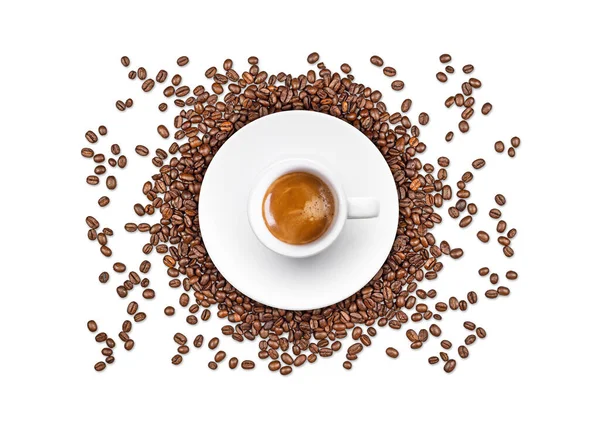 Káva Pohár Top Pohled Pozadí Kávových Zrn — Stock fotografie