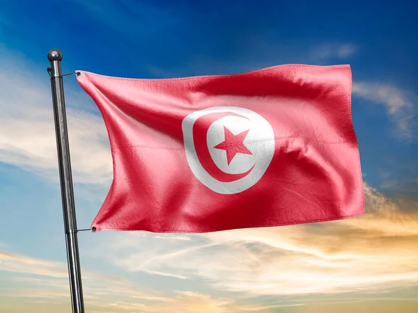 Tunisien Flagga Viftar Himlen Bakgrund Återgivning — Stockfoto