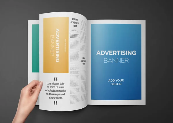 Reklam Banner Magazine Brochure Mockup Med Händer — Stockfoto