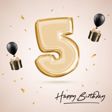Beşinci yıldönümümüzü kutluyoruz. 5 numaralı siyah balon. Doğum günü posteri, tebrikler. Parlak altın konfetileri olan altın rakamlar. 3B görüntüleme