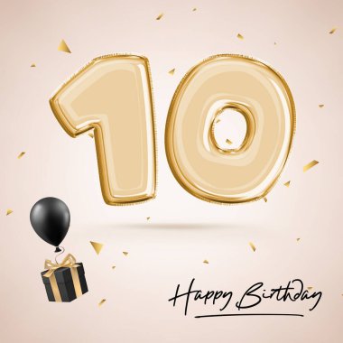 10. yıl dönümümüzü kutluyoruz. 10 numaralı siyah balon. Doğum günü posteri, tebrikler. Parlak altın konfetileri olan altın rakamlar. 3B görüntüleme