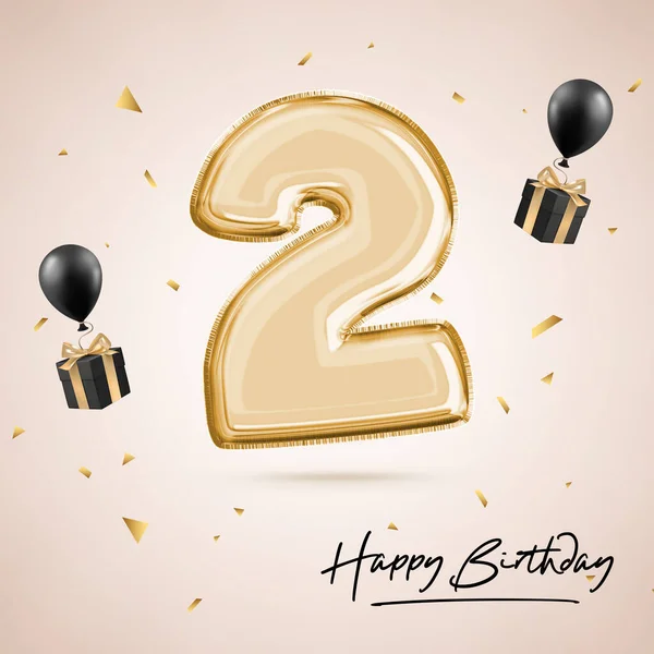 Celebrating a two years anniversary. Birthday number 2 black balloon. Birthday poster, congratulations. Gold numbers with glittering gold confetti. 3D rendering