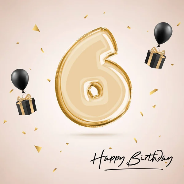 Celebrating a six years anniversary. Birthday number 6 black balloon. Birthday poster, congratulations. Gold numbers with glittering gold confetti. 3D rendering