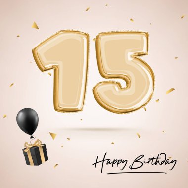 15. yıl dönümü kutlaması, 15. doğum günü, siyah balon, doğum günü posteri, tebrikler, parıltılı altın konfetiyle altın rakamlar. 3B görüntüleme