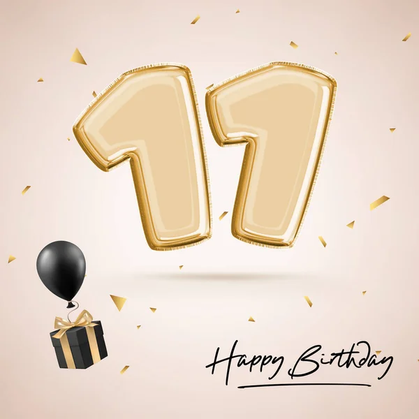 Eleven year anniversary celebration, birthday number 11, black balloon, birthday poster, congratulations, gold numbers with glittery gold confetti. 3D rendering