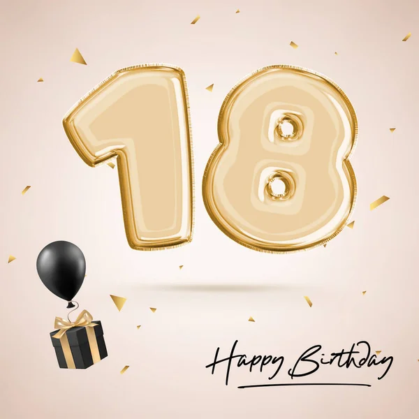 Achttien Jaar Jubileumfeest Verjaardag Nummer Zwarte Ballon Verjaardagsaffiche Gefeliciteerd Gouden — Stockfoto