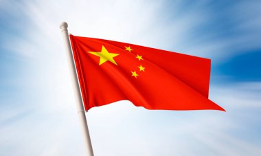 Çin bayrağı gökyüzünde dalgalanıyor. 3B Hazırlama