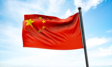 Çin bayrağı gökyüzünde dalgalanıyor. 3B Hazırlama