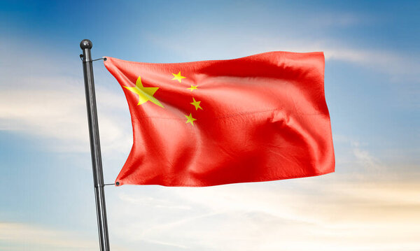 Флаг Китая размахивает на фоне неба. 3D рендеринг