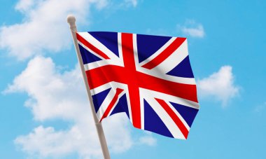 Birleşik Krallık bayrağı arka planda dalgalanıyor. 3B Hazırlama