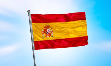 İspanya bayrağı gökyüzünde dalgalanıyor. 3B Hazırlama