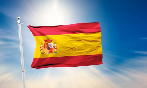 Spain Flag Waving Sky Background Rendering — Stock Photo, Image
