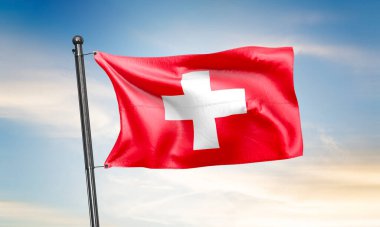 Gökyüzünde sallanan İsviçre bayrağı. 3B Hazırlama